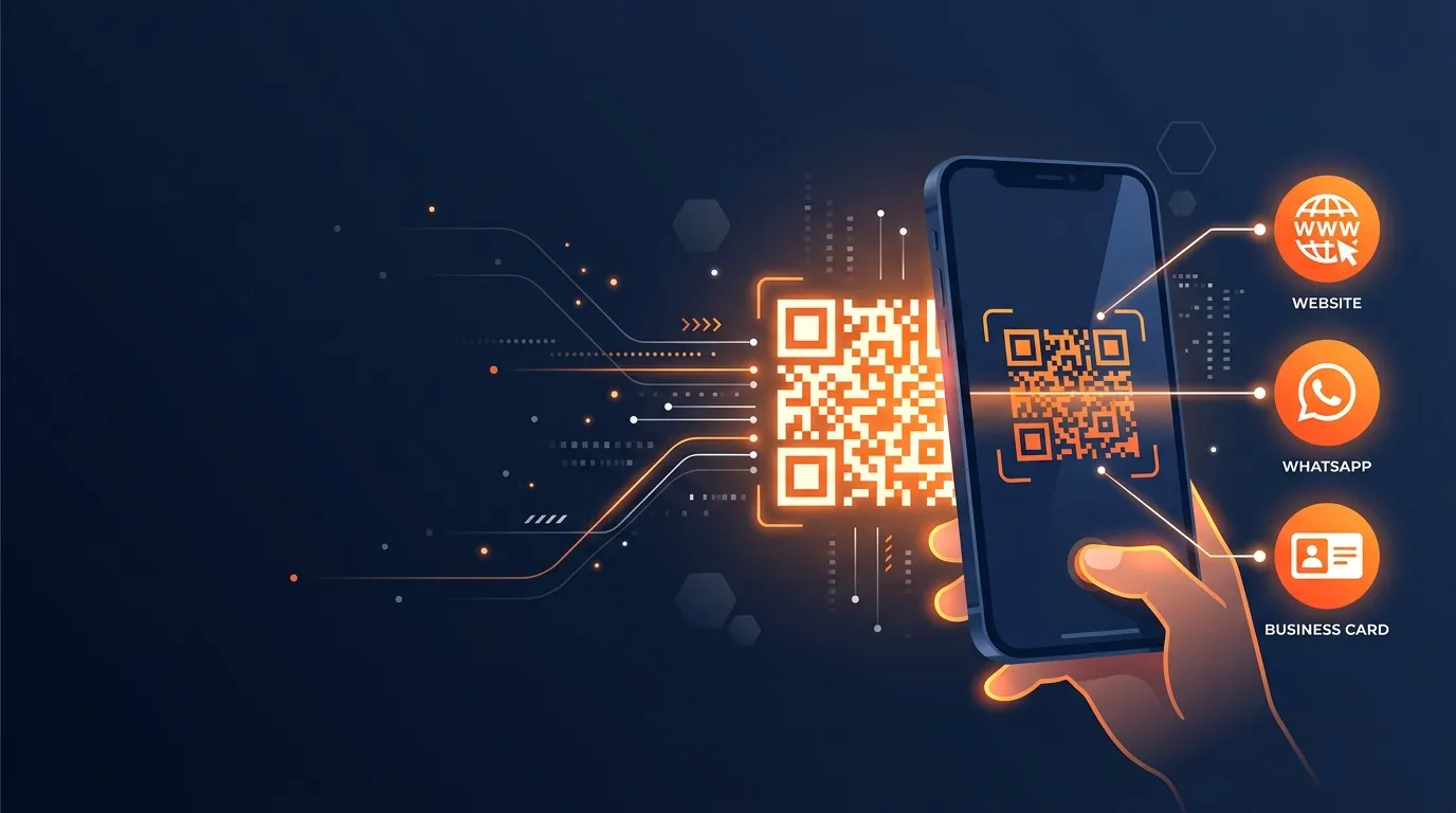 A modern digital illustration of a smartphone scanning a glowing QR code, with abstract lines connecting to icons for a website, WhatsApp, and a digital business card, set against a dark navy background.