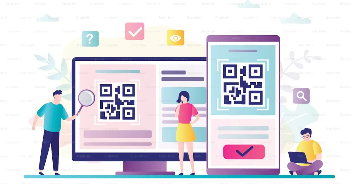A colorful digital illustration featuring people interacting with QR codes on desktop and mobile device interfaces. This modern vector graphic highlights themes of digital scanning, data access, and mobile technology engagement.
